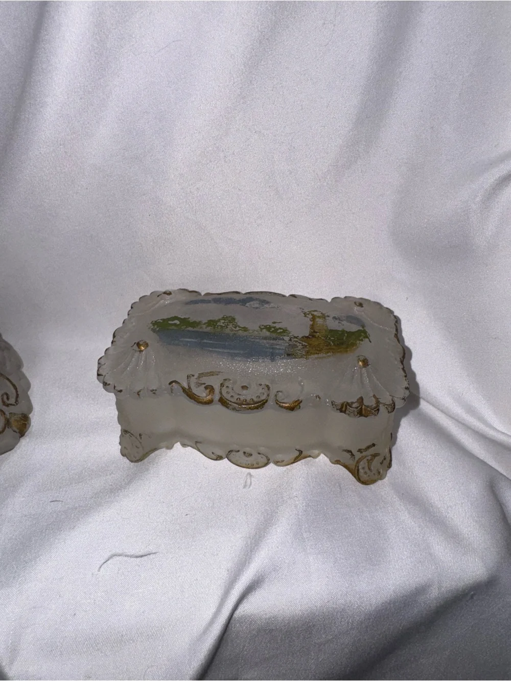 Antique hand painted glass dresser jar set
